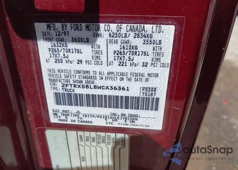 1998 Ford F-150 Lariat/Xl/Xlt from USA, damaged, VIN 2FTRX08L8WCA36361